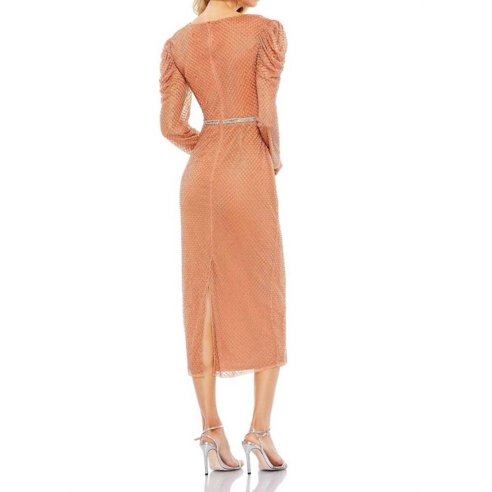 NEW MAC DUGGAL beaded wrap over puffsleeve midi dress in copper - Picture 2 of 3